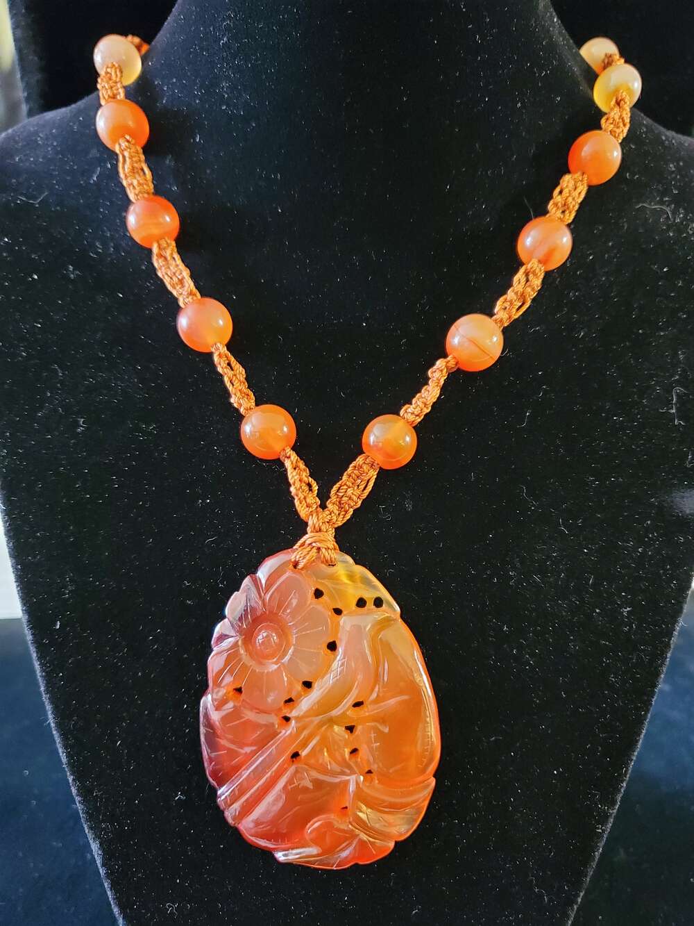 Vintage Carved Carnelian Corded Necklace Chinese Export Boho Asian